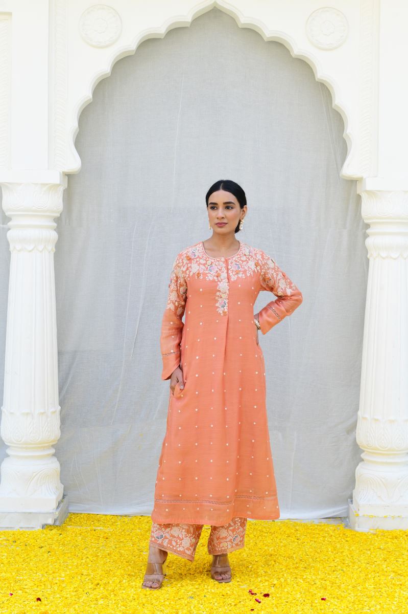 Buy Pink Long Kurta With Hand Embroidery And Palazzo Pants KALKI Fashion  India